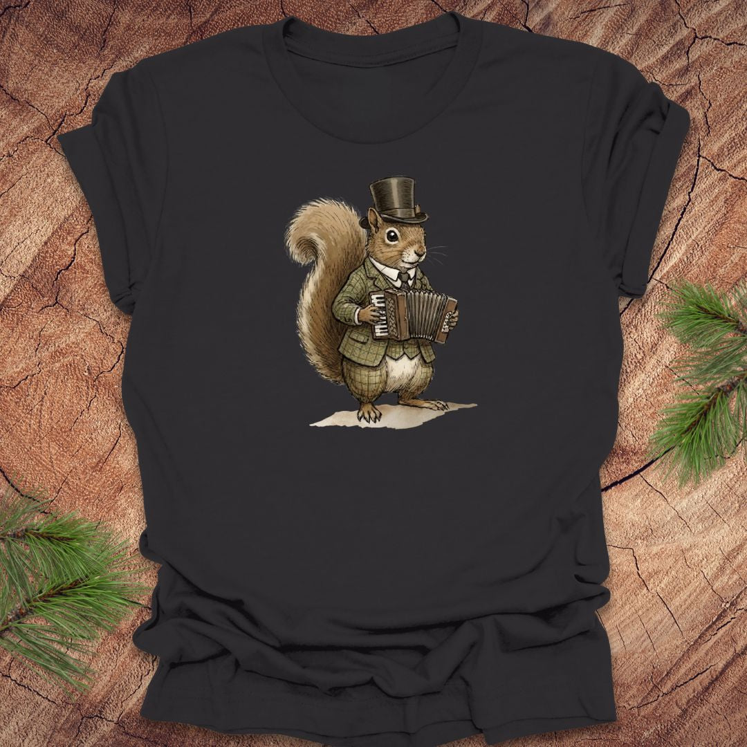 Dark gray t-shirt with a well dressed squirrel playing an accordion graphic on a wooden surface.