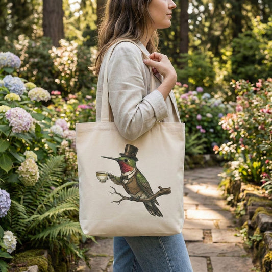 A woman holding a hummingbird design canvas tote bag in a park surrounded by trees. 