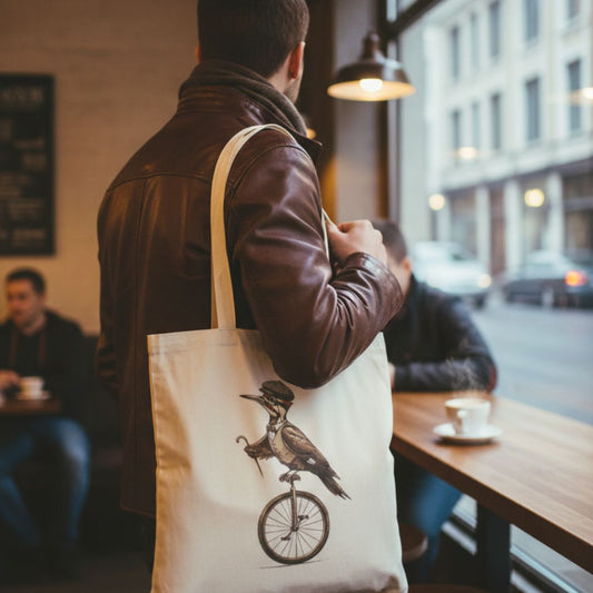 A man carrying a tote bag with a woodpecker design, standing in a coffee shop. 