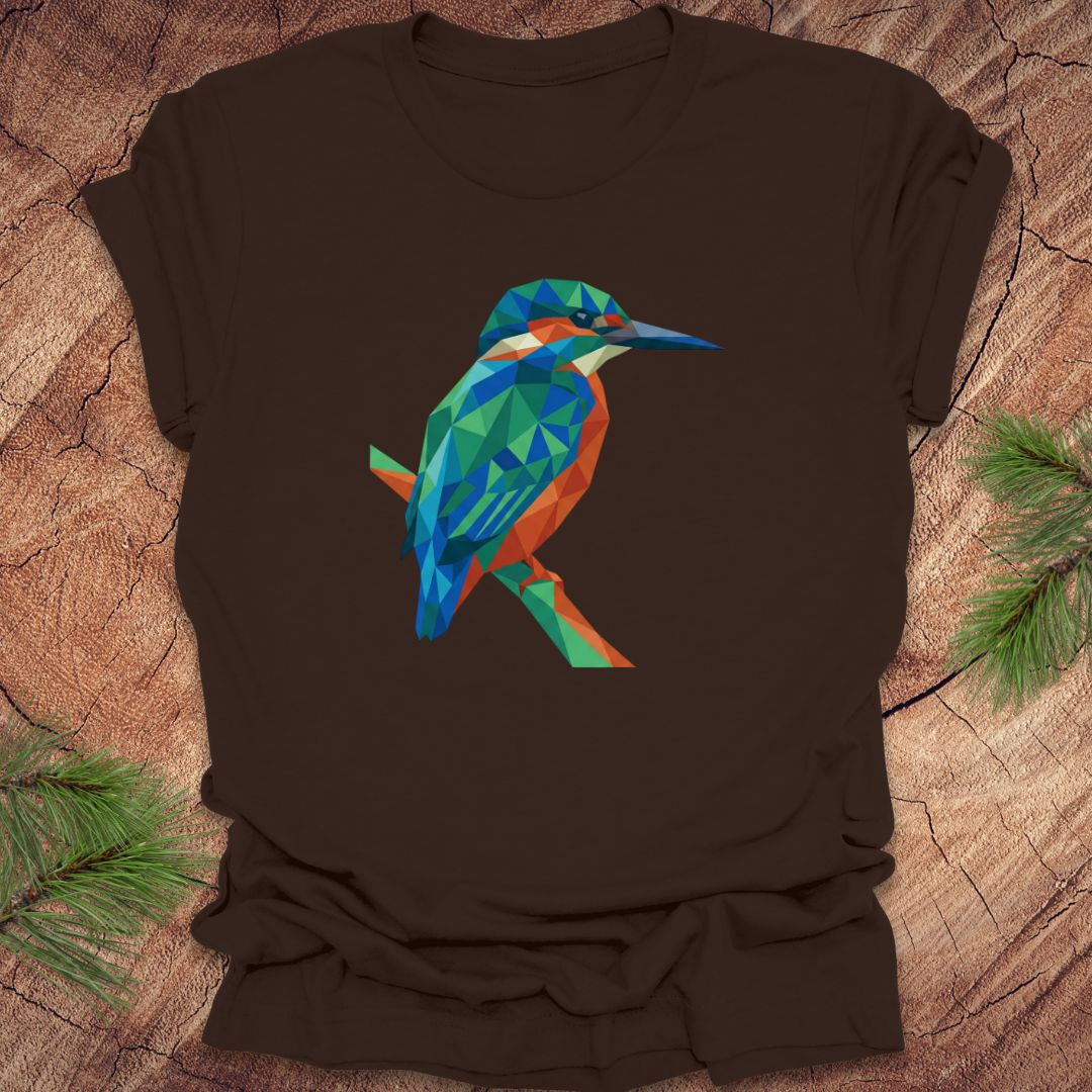 Brown t-shirt with a colorful kingfisher design on a wooden surface.