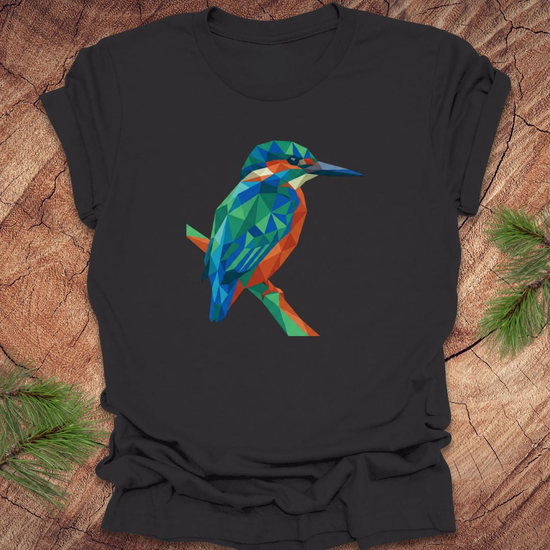 Dark gray t-shirt with a colorful geometric kingfisher design on a wooden surface.