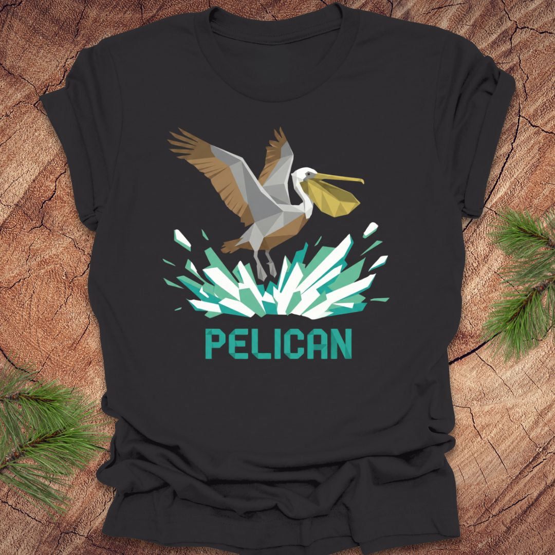 Dark gray t-shirt with a pelican graphic and 'PELICAN' text on a wooden surface.