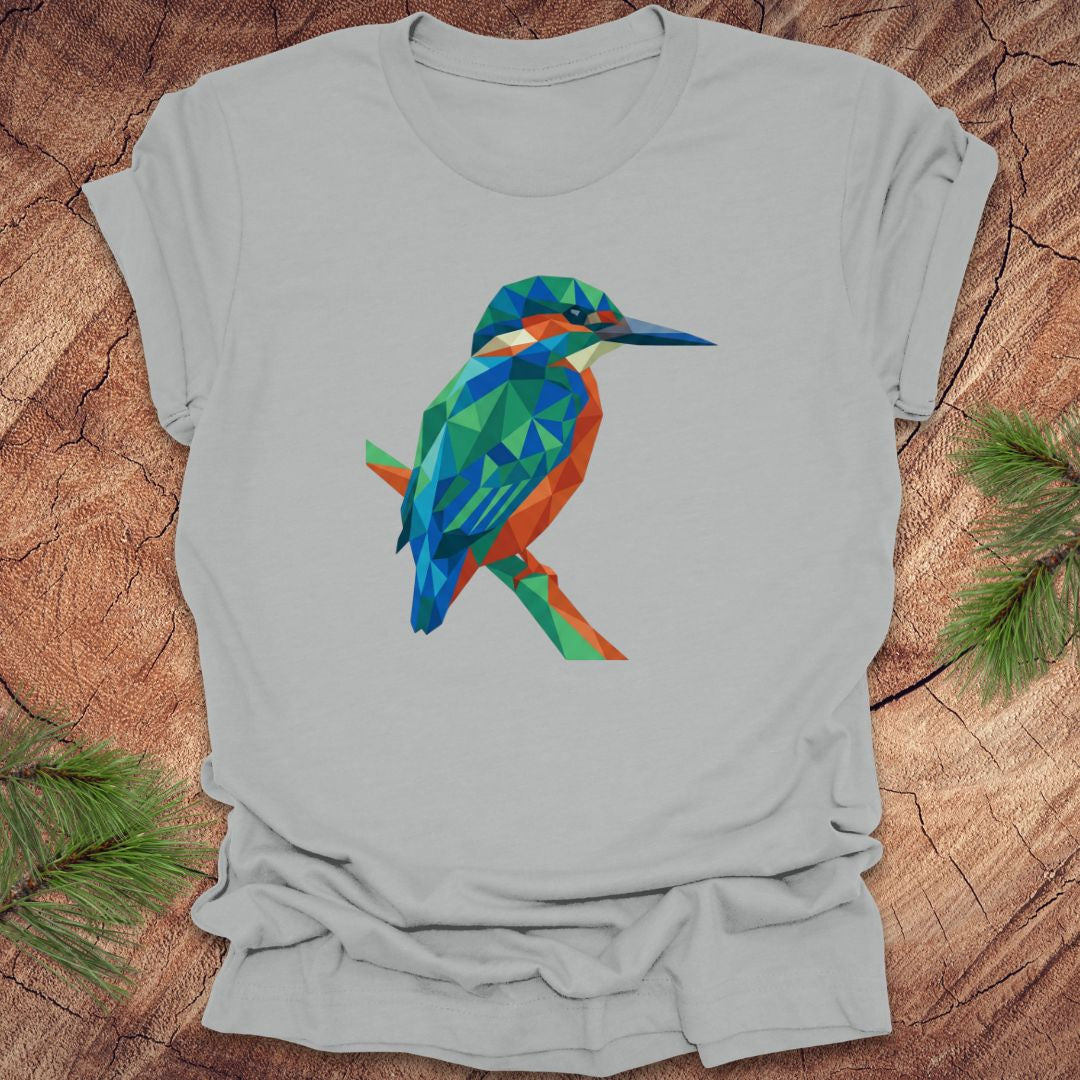 Gray t-shirt with a colorful kingfisher design on a wooden surface.