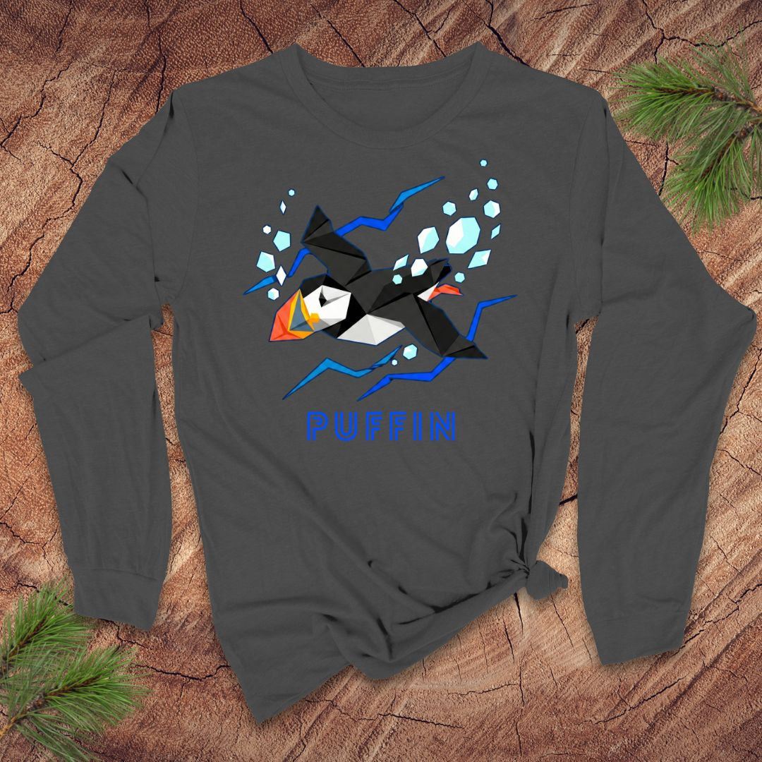 Dark gray long-sleeve shirt with a penguin graphic and 'Puffin' text on a wooden surface.