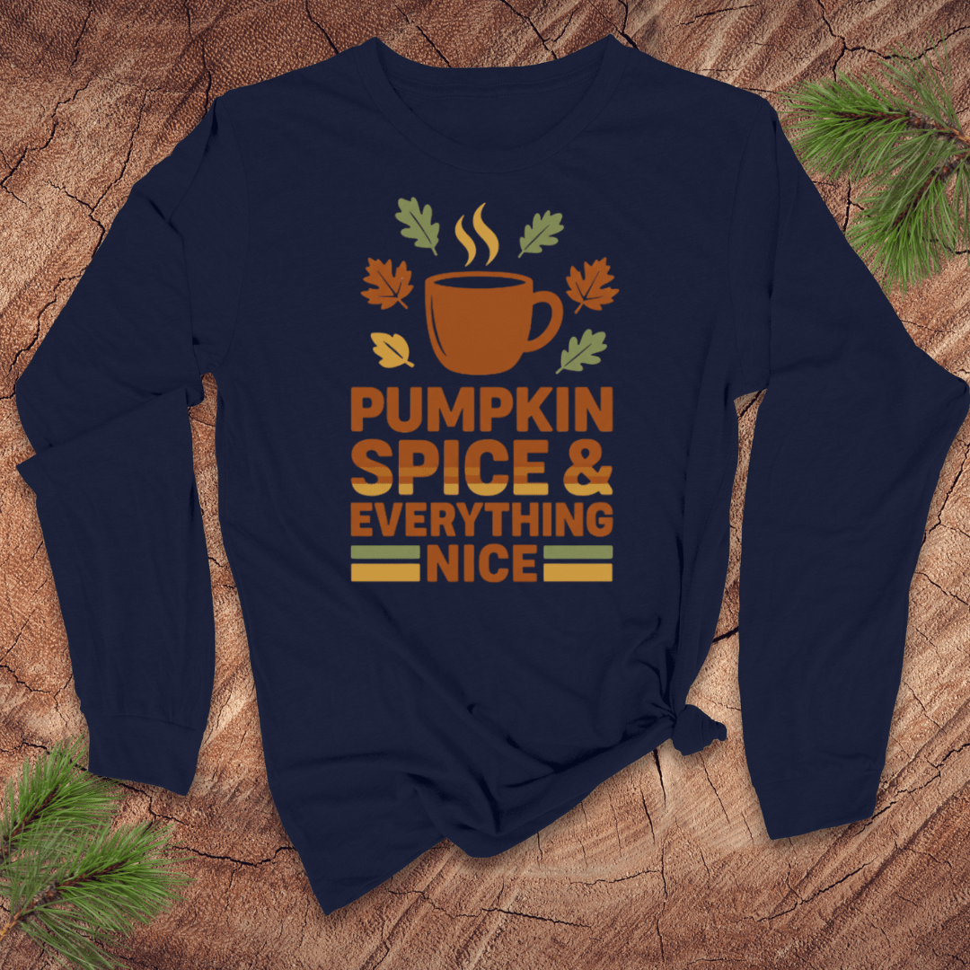 Navy blue long sleeve shirt with 'Pumpkin Spice & Everything Nice' text and coffee cup design on a wooden surface.