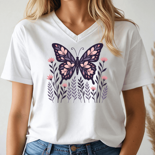 White t-shirt with a purple butterfly and floral design worn by a person.