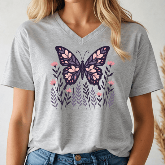 Gray t-shirt with a purple butterfly design worn by a person