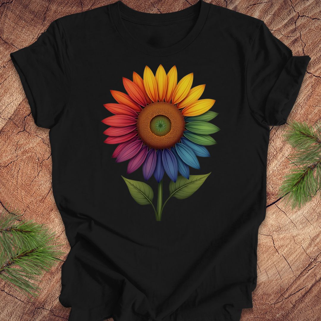 Black t-shirt with a colorful sunflower design on a wooden surface