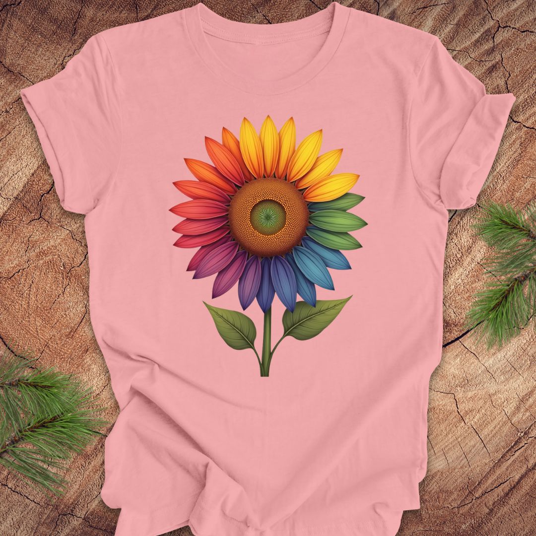 Pink t-shirt with a colorful sunflower graphic on a wooden surface.