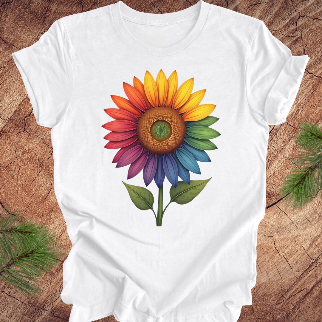 White t-shirt with a colorful sunflower design on a wooden surface