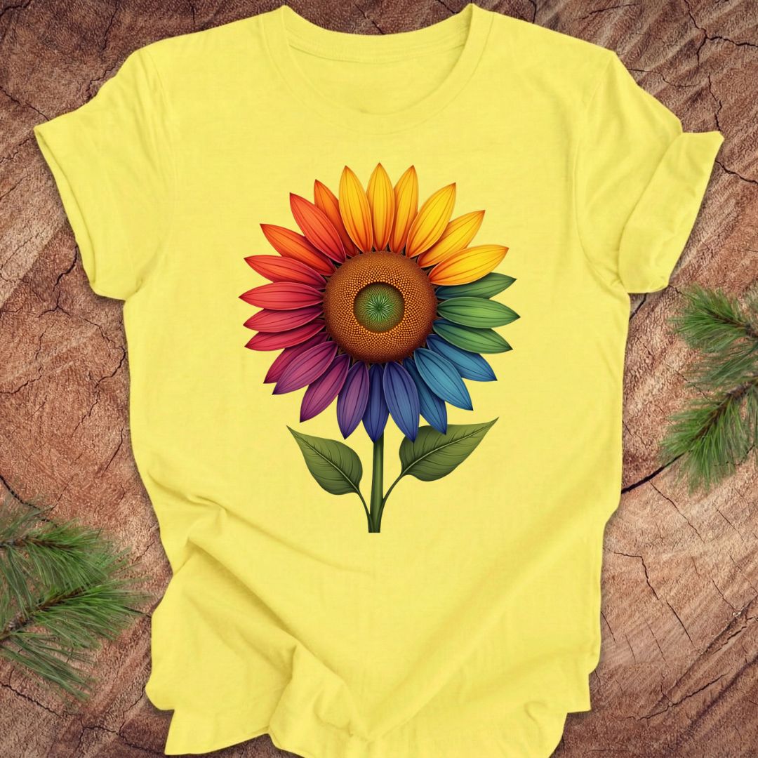 Yellow t-shirt with a colorful sunflower design on a wooden surface.