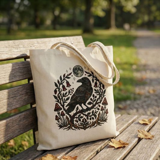 Tote bag with a raven design on a wooden bench in a park