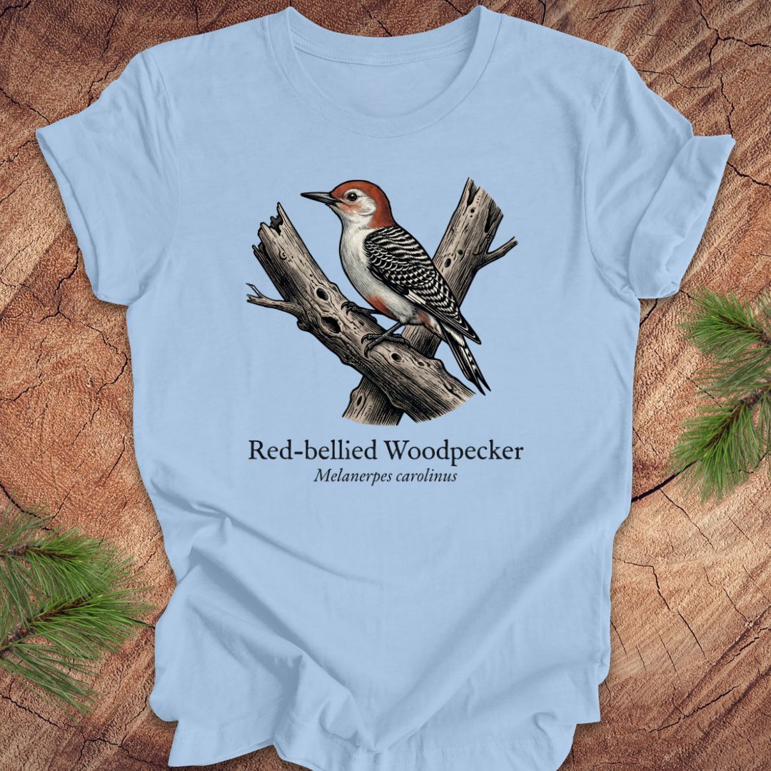 Light blue t-shirt with a red-bellied woodpecker graphic and text on a wooden surface.