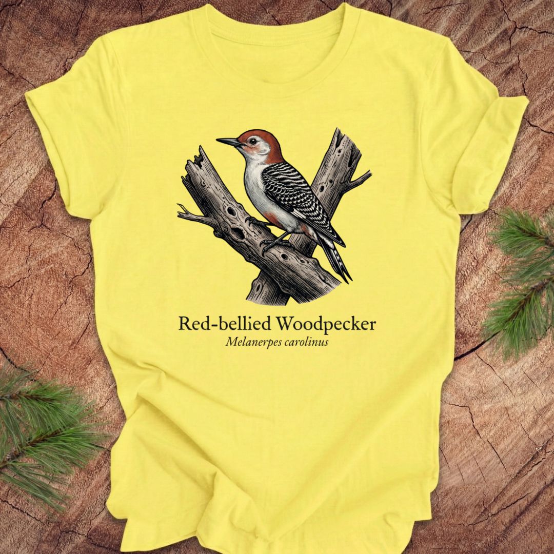 Yellow t-shirt with a red-bellied woodpecker graphic and text on a wooden surface.