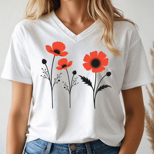 Red Poppies V - neck Tee - Wandering Owl Adventure Gear