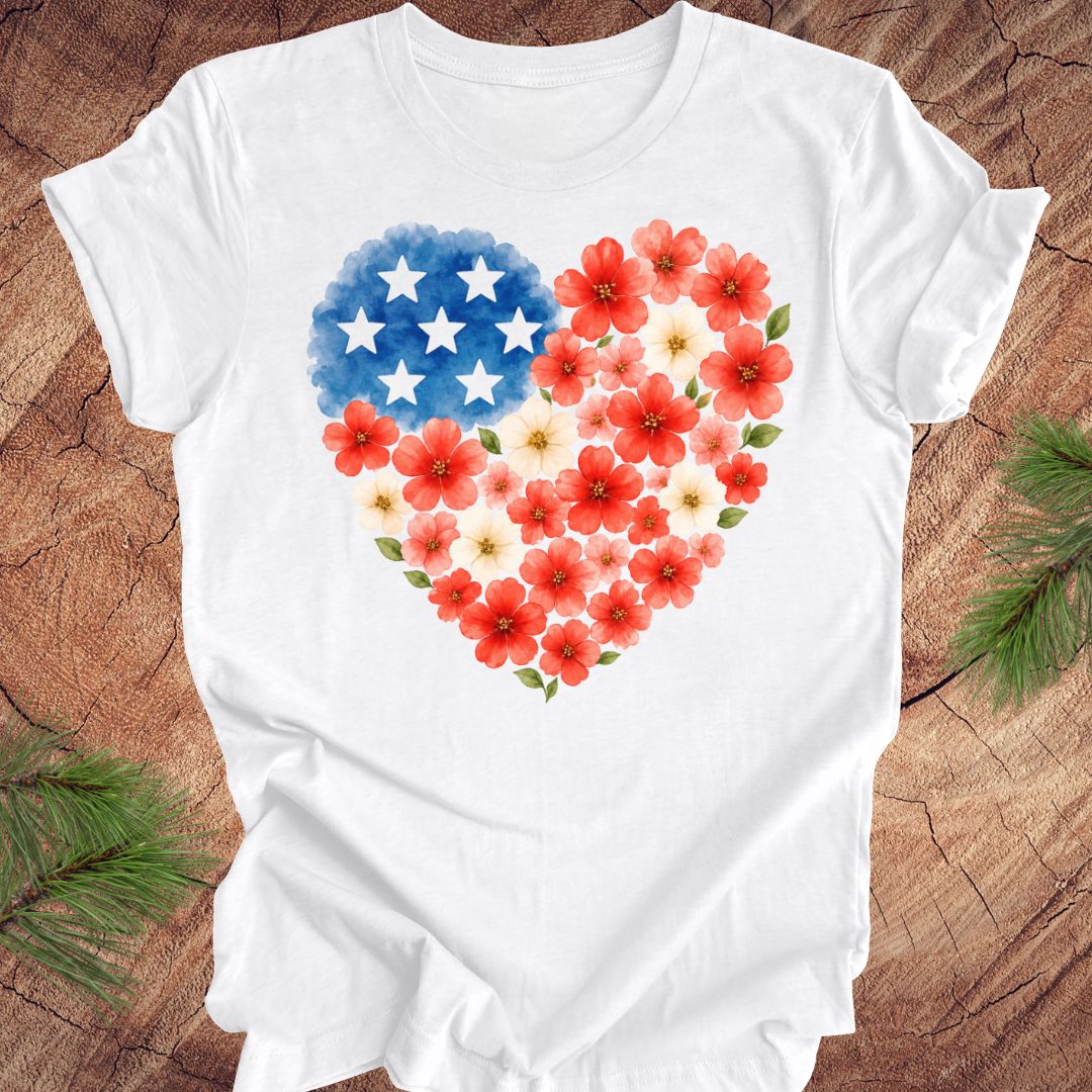 White t-shirt with a heart design featuring red flowers and blue stars on a wooden surface.