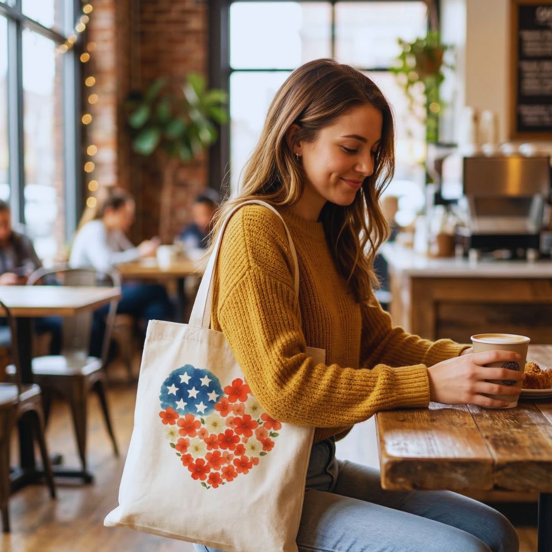 Woman sitting at a table in a cafe holding a cup and a red white and blue floral tote bag 