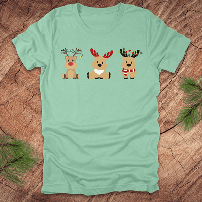 Light green t-shirt with cartoon reindeer design on a wooden surface