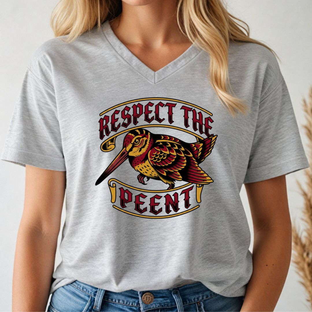Person wearing a gray v-neck t-shirt with a colorful woodcock and text 'Respect the Peent' on a plain background