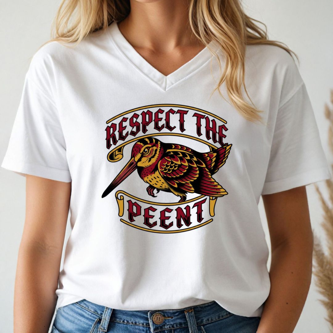 Person wearing a white v-neck t-shirt with a colorful woodcock and text 'Respect the Peent' on a plain background