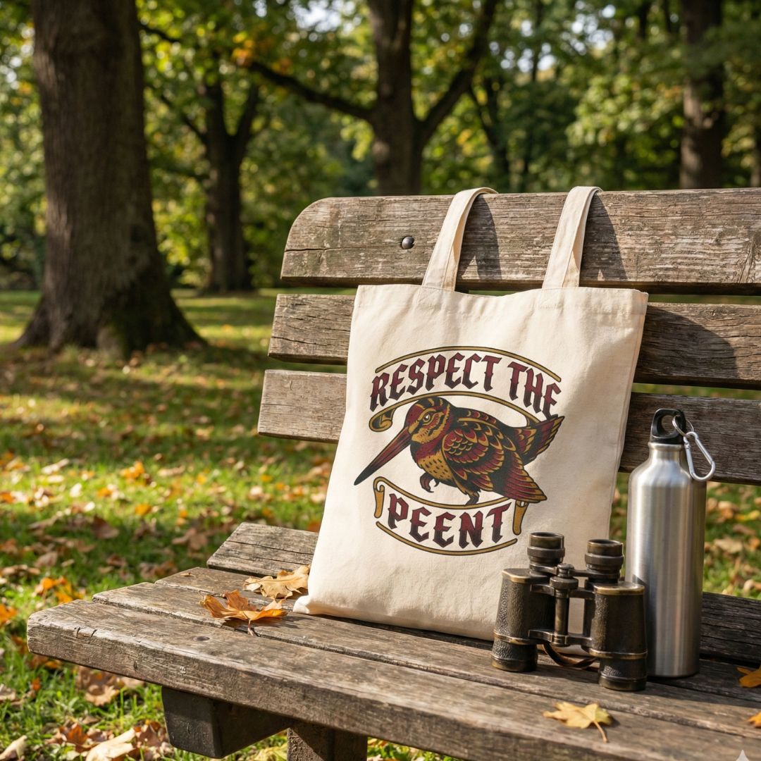 Tote bag with 'Respect the Peent' woodcock design on a wooden bench in a park.