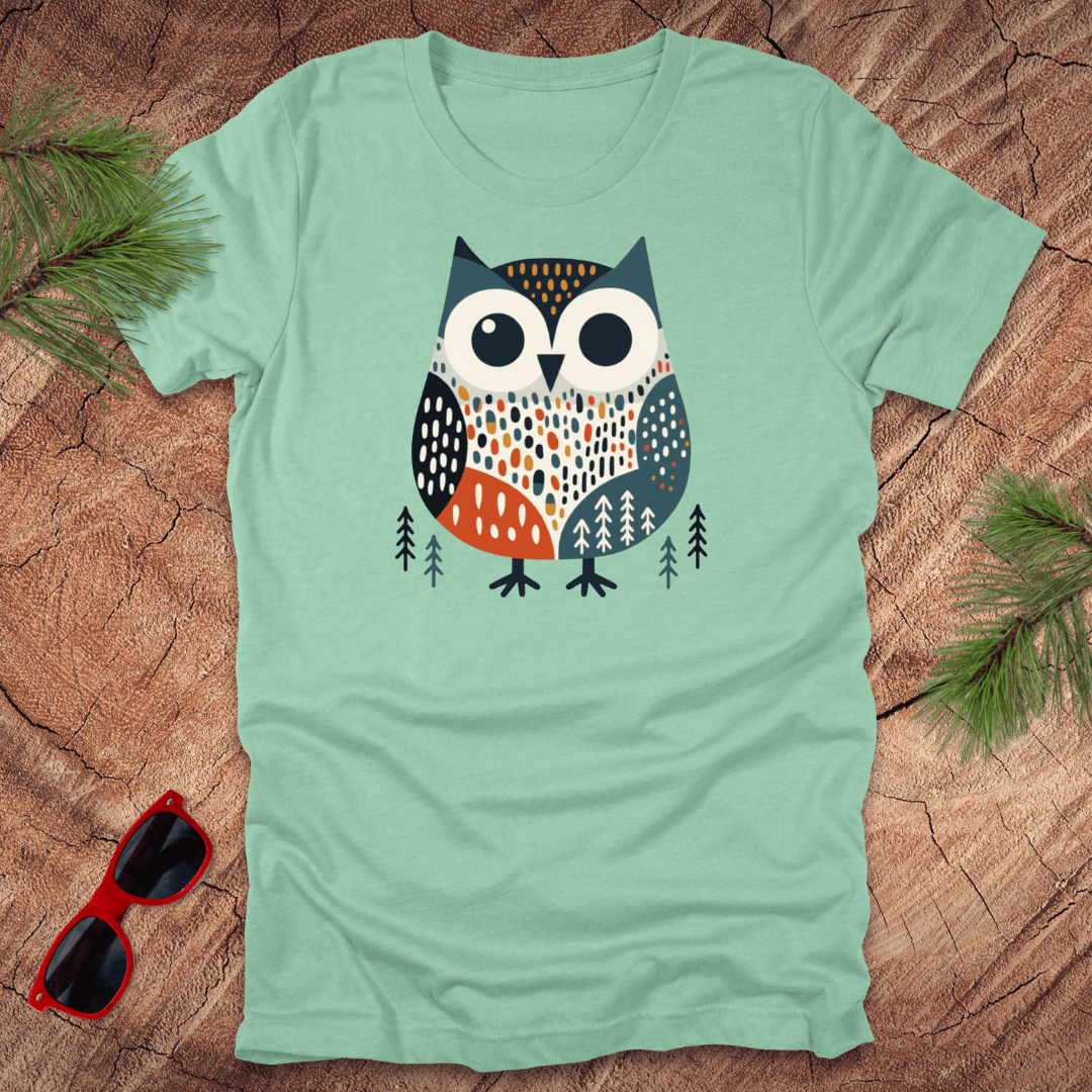 Mint green t-shirt with an owl design on a wooden surface with sunglasses and pine branches.