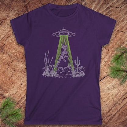 A purple short-sleeve crewneck t-shirt laid flat on a textured wood background with pine branches in the corners. The shirt features a black line art graphic of a bird under a UFO with green rays shining down toward a desert landscape.