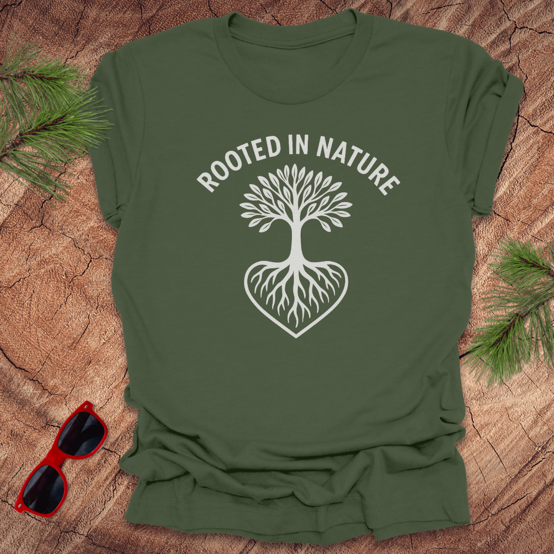 green crew neck t-shirt with a white graphic of a tree with roots and the phrase 'ROOTED IN NATURE' printed above it, displayed on a wooden surface with pine needles and red sunglasses to the side.