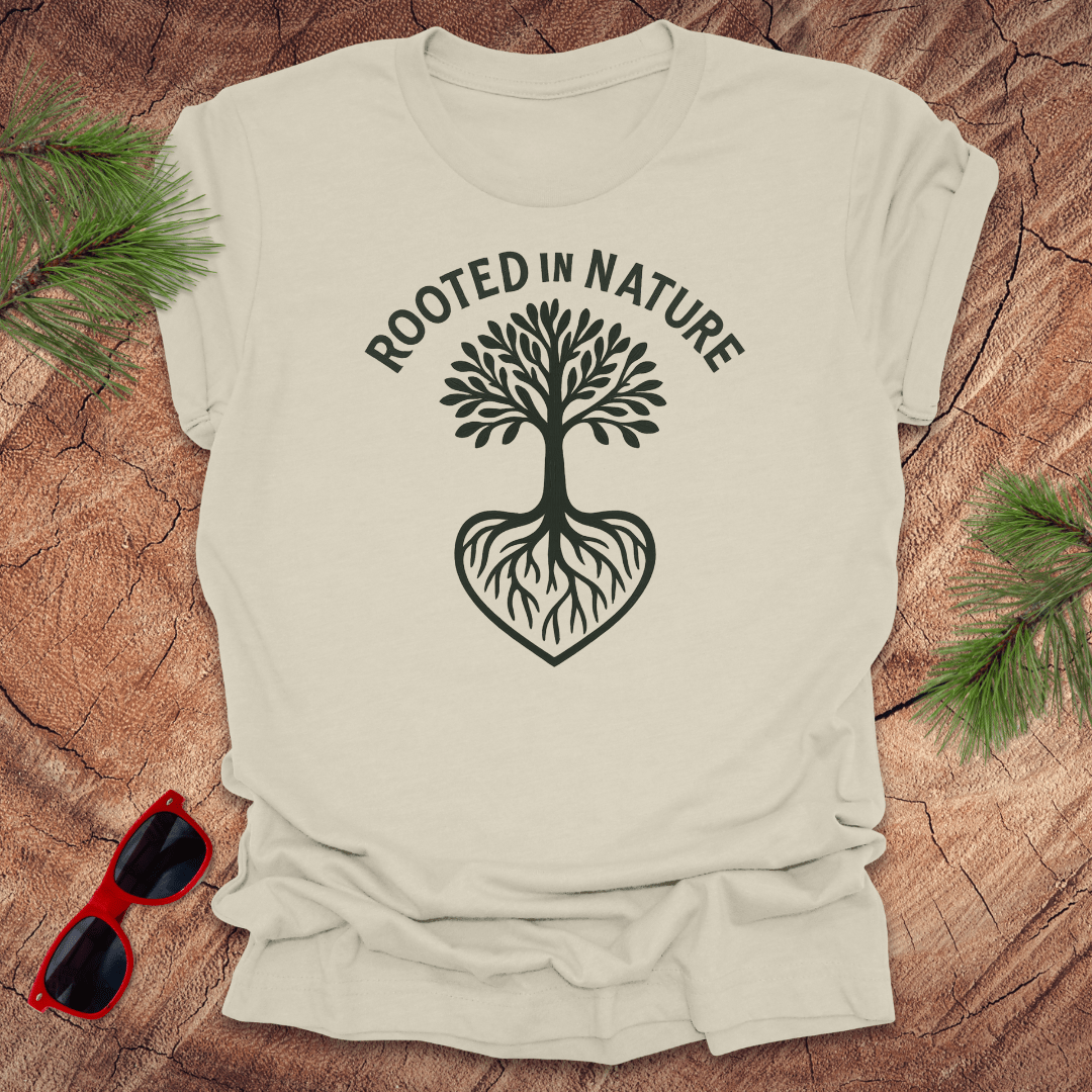 beige crew neck t-shirt with a white graphic of a tree with roots and the phrase 'ROOTED IN NATURE' printed above it, displayed on a wooden surface with pine needles and red sunglasses to the side.
