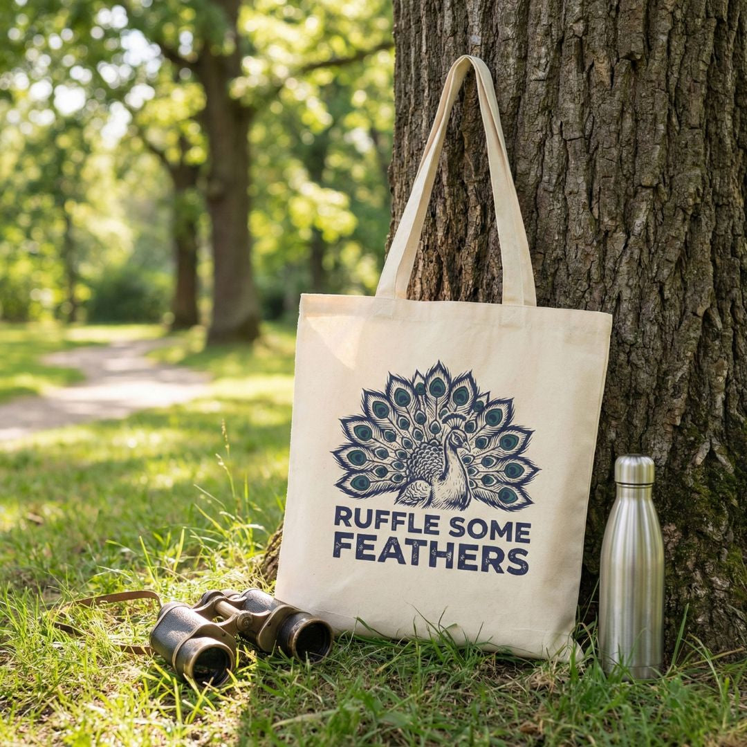 Tote bag with peacock design and 'Ruffle Some Feathers' text against a natural background