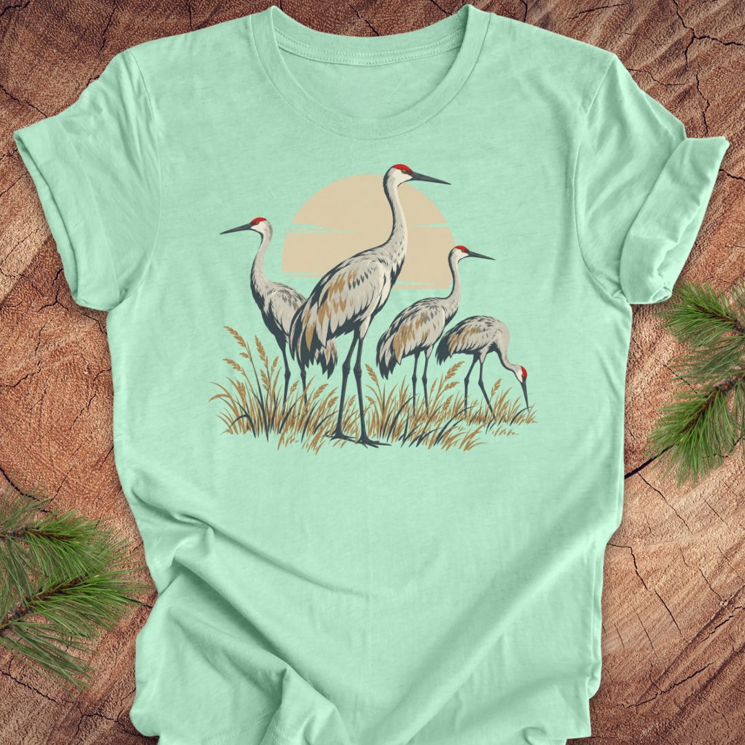 A mint green short-sleeve t-shirt laid flat on a rustic wood background, featuring a graphic print of a family of sandhill cranes standing in reeds against a pale sun.