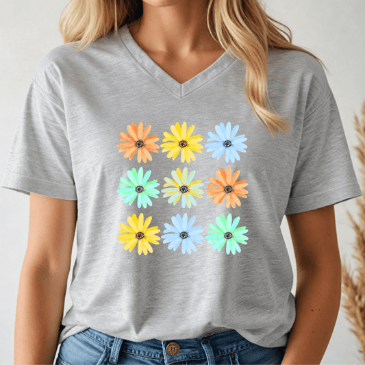 Person wearing a gray v-neck t-shirt with colorful daisy flower patterns