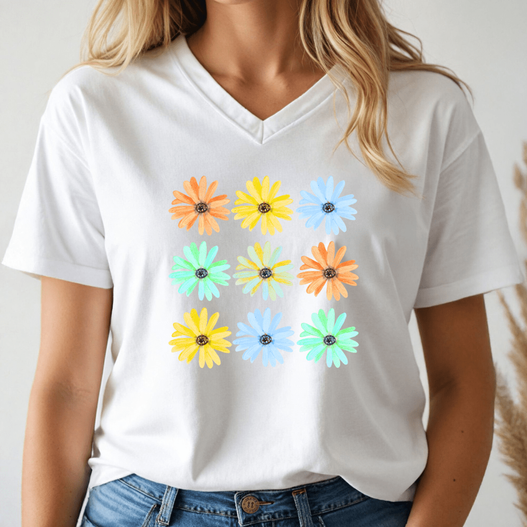 Person wearing a white v-neck t-shirt with colorful daisy flower patterns