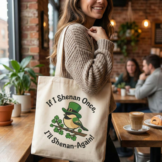 A woman holding a tote bag with a chickadee and text 'if i shenan once, i'll shenan-again' in a coffee shop.