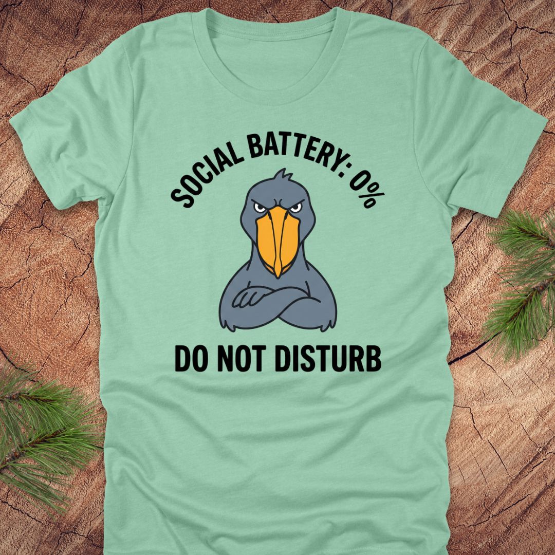 Mint green t-shirt with a cartoon shoebill stork graphic and text 'social battery 0%. Do not disturb' on a wooden surface.
