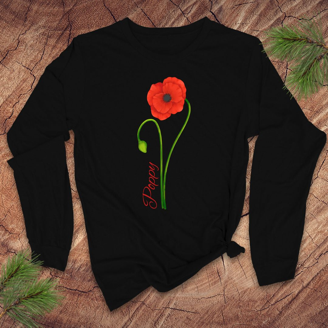 Black long-sleeve tshirt with a single red poppy and the text 'poppy' in red on a wood background.