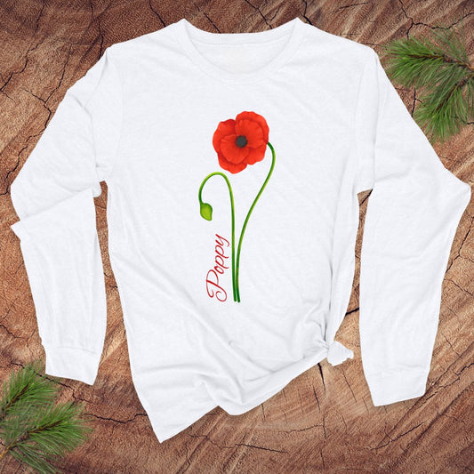 White long-sleeve tshirt with a single red poppy and the text 'poppy' in red on a wood background.