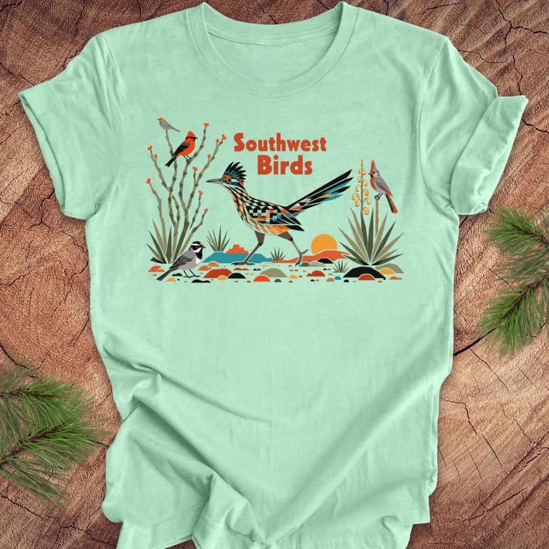 Mint green t-shirt with 'Southwest Birds' graphic on a wooden surface