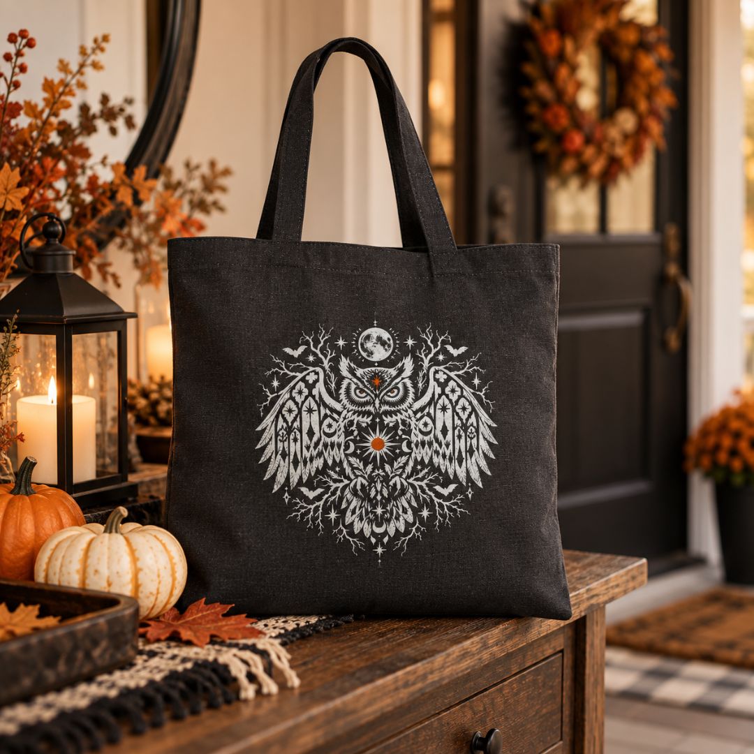 A dark charcoal gray canvas tote bag with a large white owl graphic and a small orange accent, displayed on a wooden table in a cozy, decorated autumn entryway.