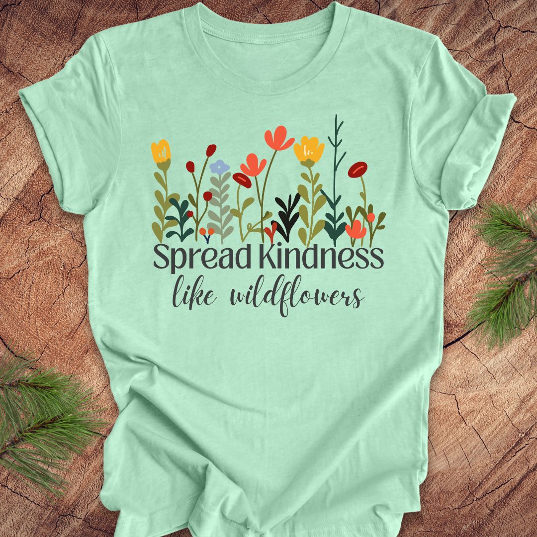 Mint green t-shirt with floral design and 'Spread kindness like wildflowers' text on a wooden surface.