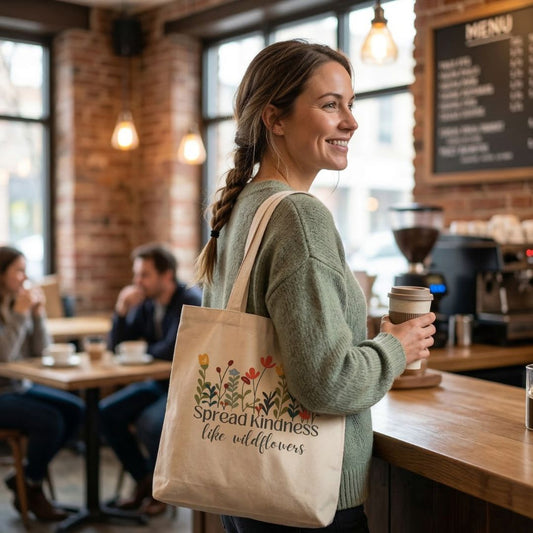 Woman holding a coffee cup and a tote bag with flowers and text, 'spread kindness like wildflowers' in a cafe.