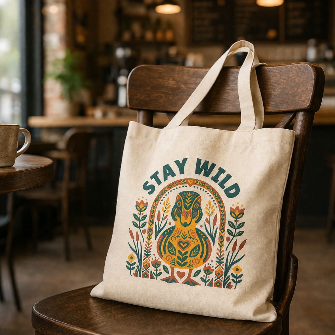 Tote bag with 'Stay Wild' duck design on a wooden chair in a café setting