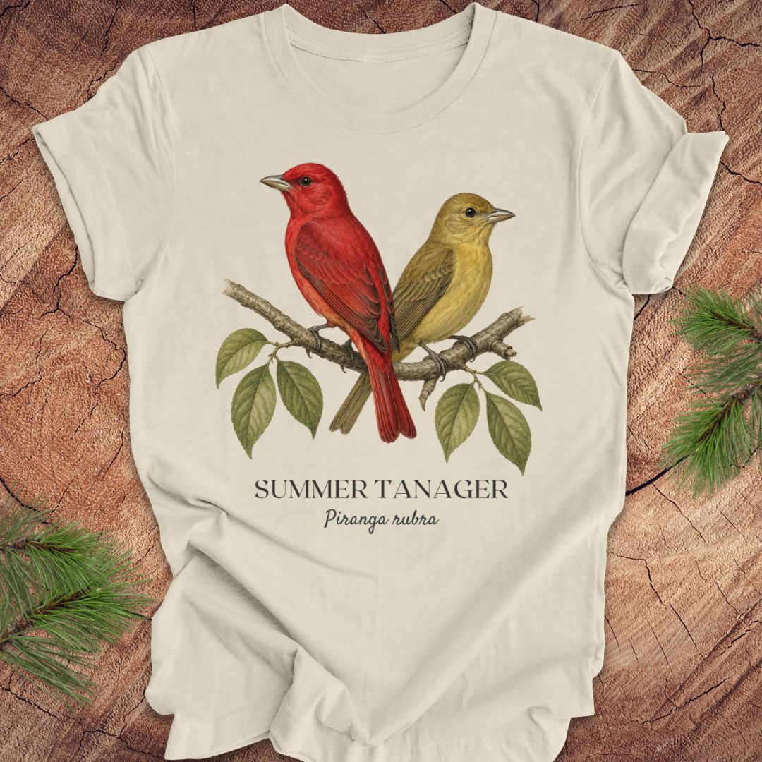 Beige t-shirt with male and female summer tanager bird illustration on a wooden surface
