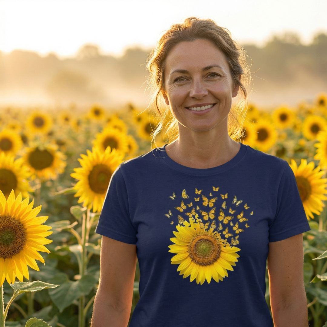 Woman wearing a blue t-shirt with a sunflower design in a sunflower field.