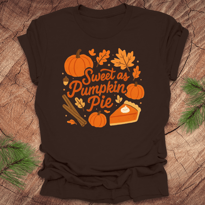 Brown t-shirt with 'Sweet as Pumpkin Pie' design on a wooden surface with leaves.
