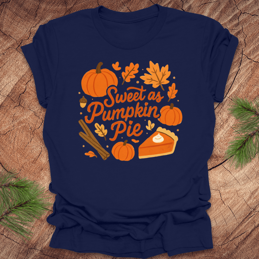 Navy blue t-shirt with 'Sweet as Pumpkin Pie' design on a wooden surface with leaves.