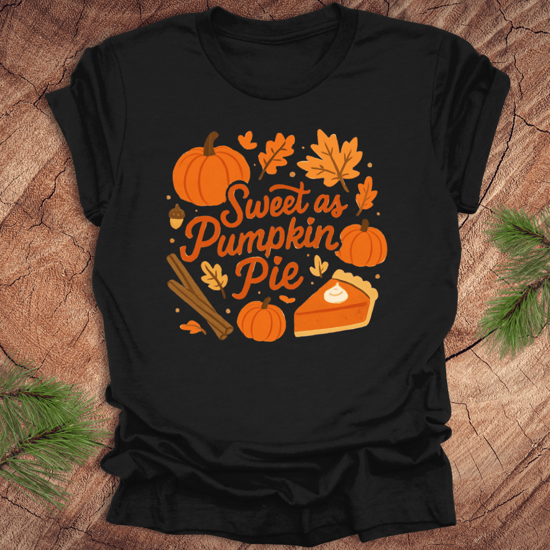 Black t-shirt with 'Sweet as Pumpkin Pie' design on a wooden surface with leaves.