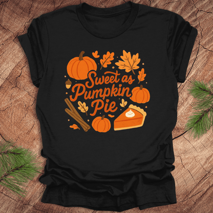 Black t-shirt with 'Sweet as Pumpkin Pie' design on a wooden surface with leaves.
