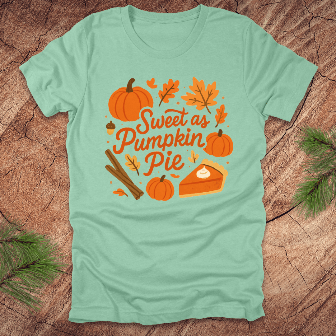 Mint green t-shirt with pumpkin pie design on a wooden surface