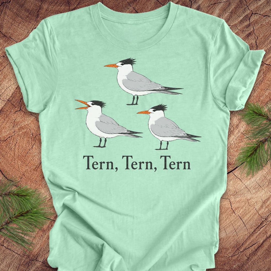 A heather mint t-shirt with three tern birds and text, 'tern, tern, tern' on a wood background. 